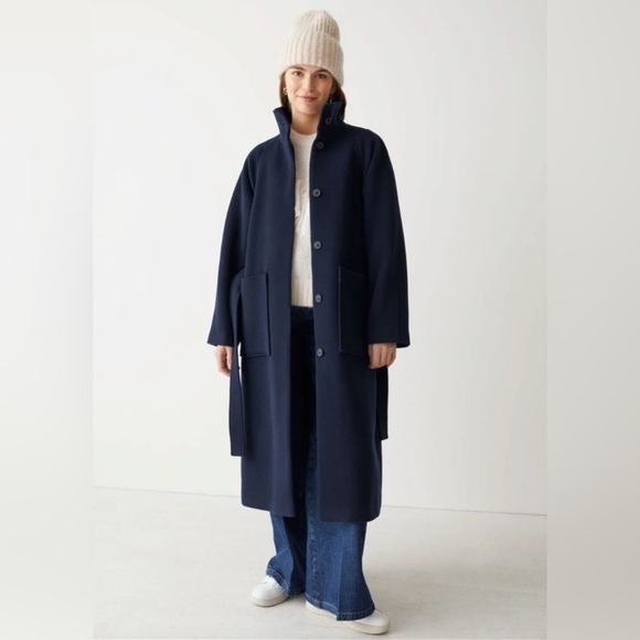 & OTHER STORIES Manteco Relaxed Belted Wool Coat Navy Size US 10 Rare Find! - Picture 5 of 15